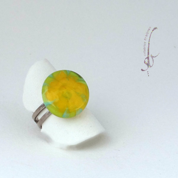 Bague en verre de Murano jaune et vert anneau argent